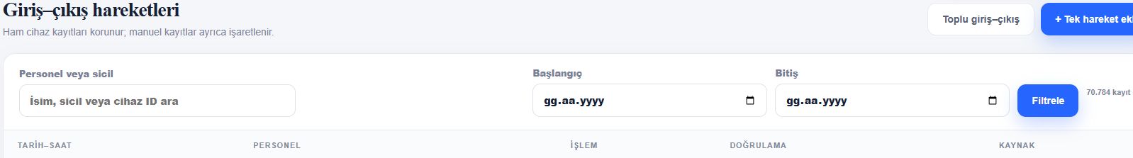Giriş çıkış hareketleri ekranı