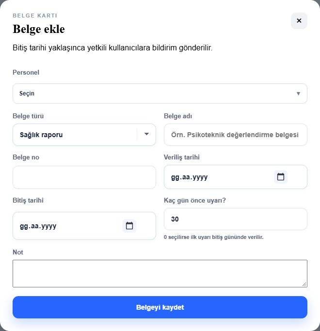 Belge süreleri ve uyarı planı ekranı