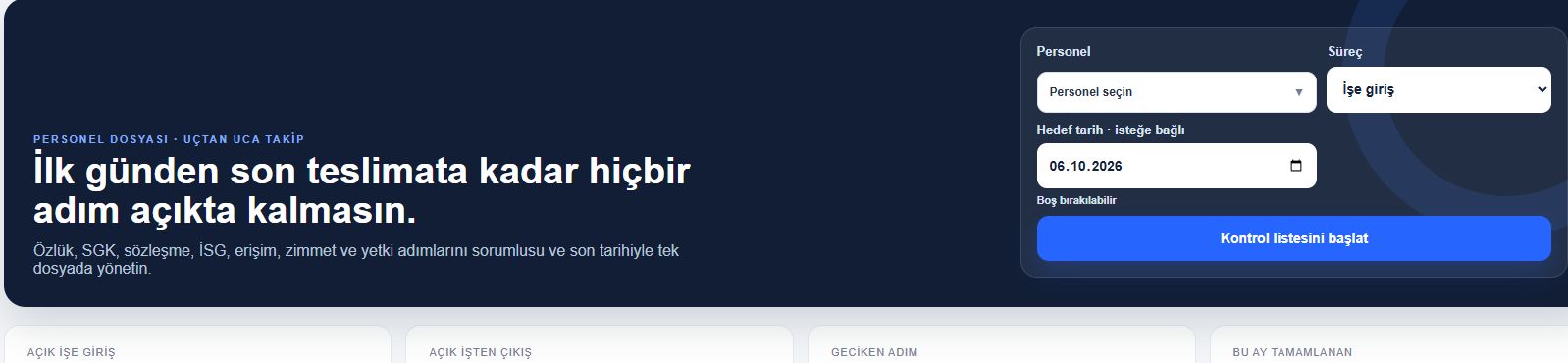 İşe giriş ve işten ayrılış süreçleri ekranı