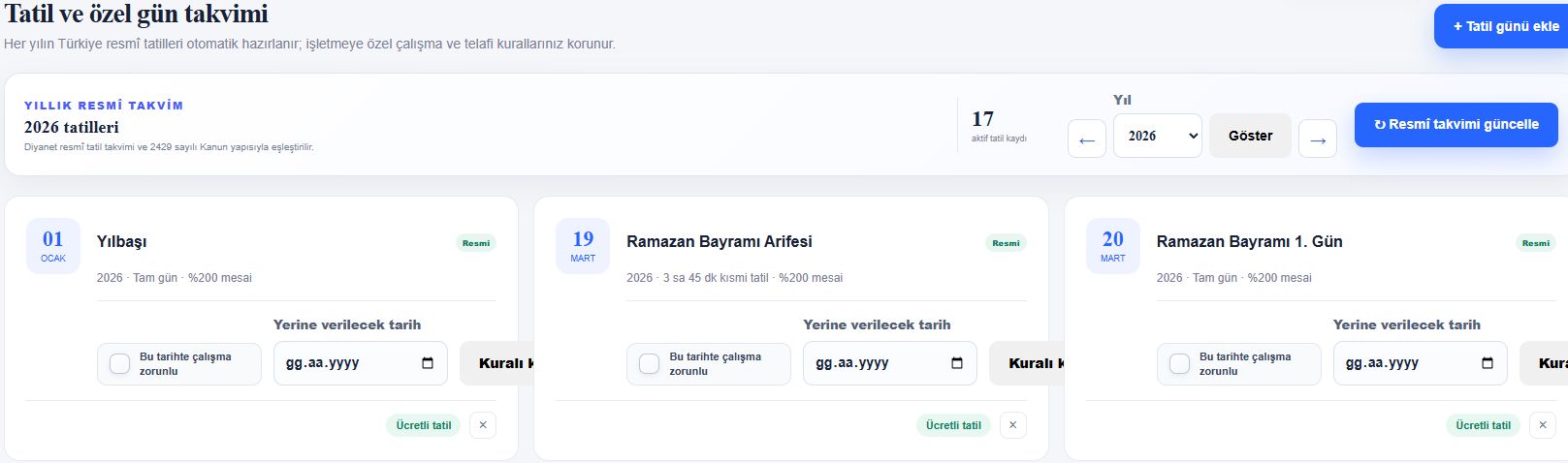 Resmî tatil ve çalışma takvimi ekranı