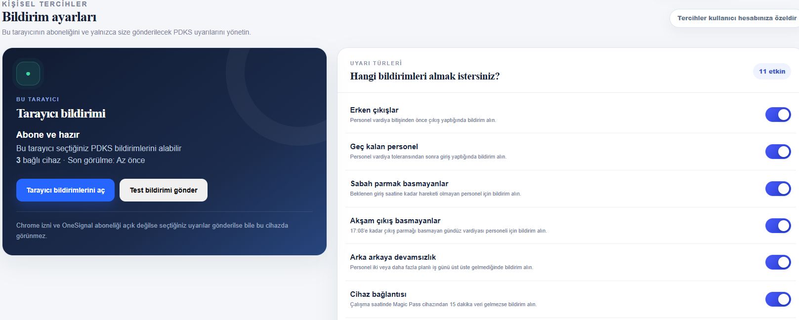 Bildirim ayarları ve uyarılar ekranı