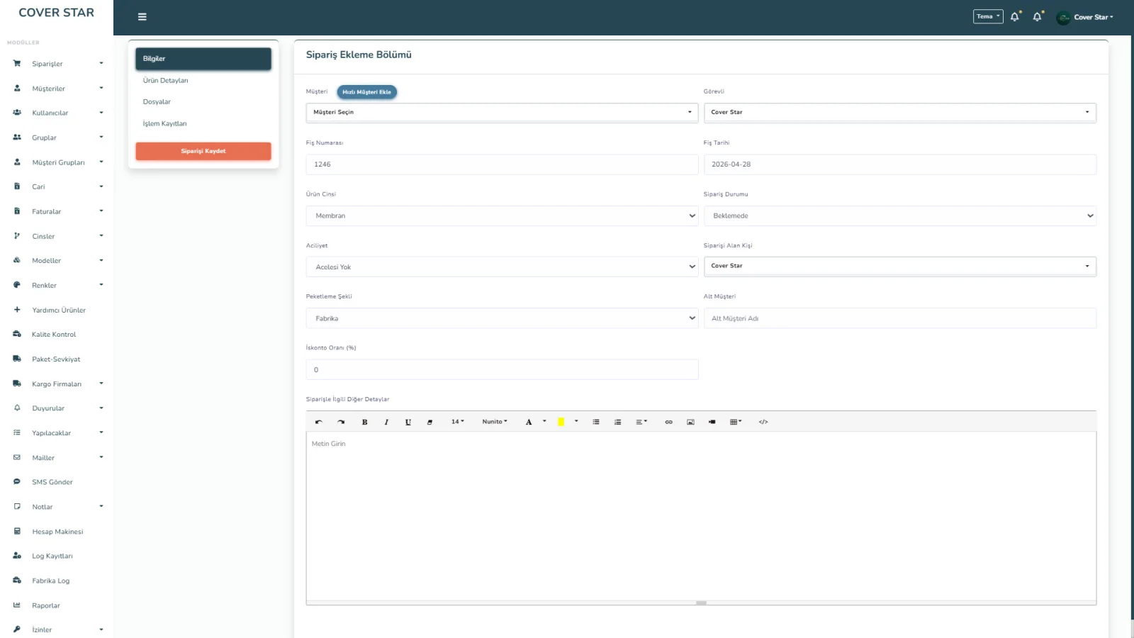 Cover Sip İş ve Sipariş Takip Sistemi